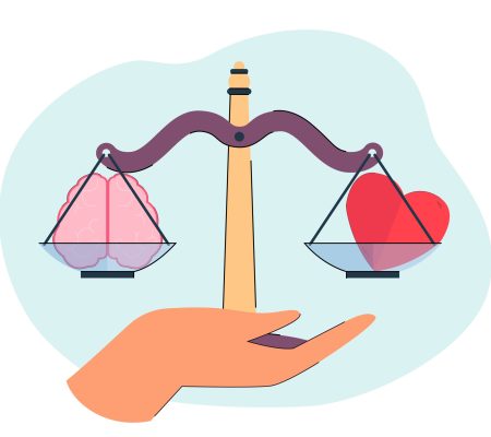 Hand holding scales with brain and heart. Person choosing logic and emotions between flat vector illustration. Comparison, choice, dilemma concept for banner, website design or landing web page