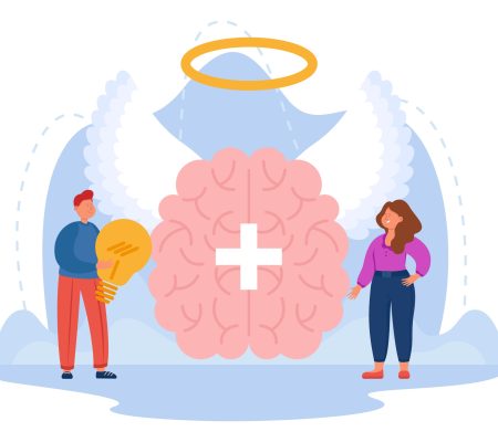 People next to brain with angel wings flat vector illustration. Tiny man and woman holding light bulb as symbol of positive thinking, happiness, self-care and improvement. Mental health concept
